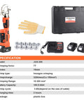 Rechargeable Electric Hydraulic Crimping Tool Delivers Rock Solid 12 Ton Force For Crushing 8 Awg To 600 Mcm Copper And Aluminum Cables With A Pro Grade Set Of Twelve Dies, showing tool, dies, gloves, and charger.