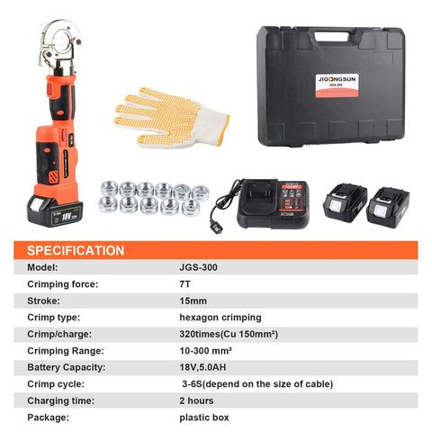 Rechargeable Electric Hydraulic Crimping Tool Delivers Rock Solid 12 Ton Force For Crushing 8 Awg To 600 Mcm Copper And Aluminum Cables With A Pro Grade Set Of Twelve Dies, showing tool, dies, gloves, and charger.