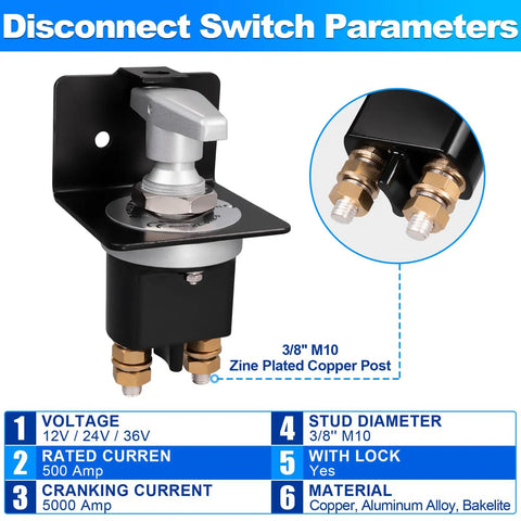 Beefy Heavy Duty Battery Disconnect Switch 12V 24V 36V With Lock Out Plate 500A Continuous 5000A Peak Safe Isolator For Car Boat RV Marine Off Grid Electrical System, 3/8 M10 posts