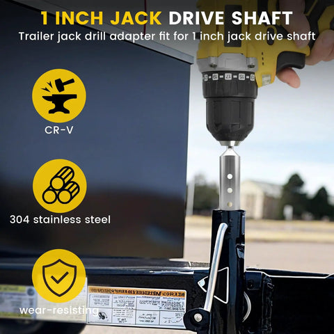 Heavy Duty Trailer Jack Drill Adapter With One Inch Drive Shaft Converts Your Cordless Drill Into An Automatic Lifter attached to jack.