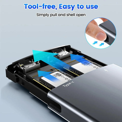 Rock Solid Dual Bay Raid Ssd Enclosure serving blazing fast twenty gbps bandwidth for M2 NVMe drives with tool-free setup view.