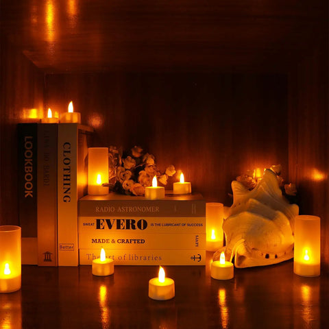 Rechargeable Flameless Tealight Candles Set 12 Pack With White Base And USB Charging Dock Flickering LED Tea Lights in a shelf display