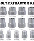14 Piece Pro Grade Bolt Extractor Kit With Impact Nut Remover Set And Three Eighths Inch Adapter, size range 1/4" to 3/4"