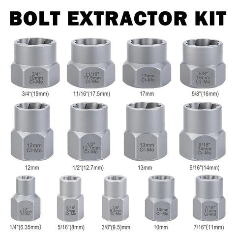 14 Piece Pro Grade Bolt Extractor Kit With Impact Nut Remover Set And Three Eighths Inch Adapter, size range 1/4" to 3/4"