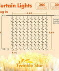 Diagram of 300 LED Curtain String Lights With 8 Modes Plug In Fairy Lights, showing measurements and warm white glow.