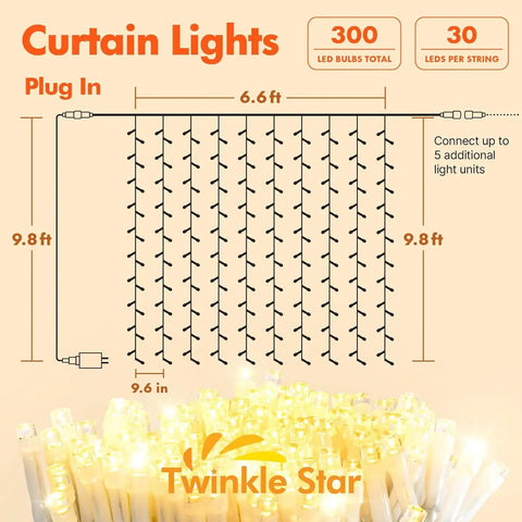 Diagram of 300 LED Curtain String Lights With 8 Modes Plug In Fairy Lights, showing measurements and warm white glow.