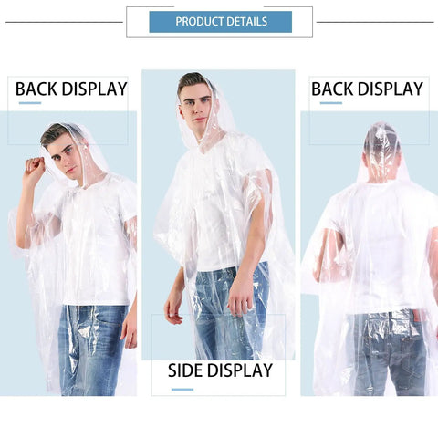 Ultra Thick Disposable Rain Ponchos For Adults With Hood 10 Pack Clear Budget Friendly Outdoor Rain Gear side and back view
