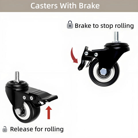 Illustration of caster wheels set of twelve 2 inch heavy duty swivel casters with dual brakes and M8 threaded stem.
