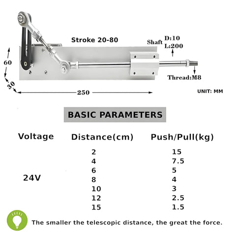 DIY reciprocating linear actuator with adjustable telescopic rod; side view, 24V, 120 RPM, 2–8 cm stroke.