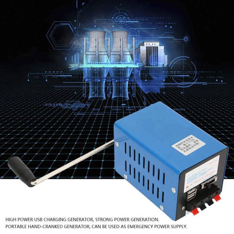 Portable Hand Crank Generator With USB Charging For Emergency Power, lightweight metal dynamo, blue with USB ports, futuristic background.