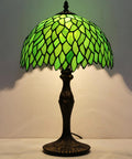 Green Tiffany Style Stained Glass Table Lamp For Desk And Bedside Use 12x12x18 Inch Antique Green Bronze Base UL Listed Cozy Reading Light