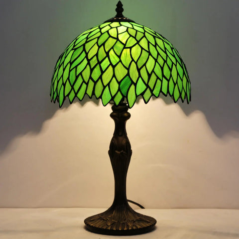 Green Tiffany Style Stained Glass Table Lamp For Desk And Bedside Use 12x12x18 Inch Antique Green Bronze Base UL Listed Cozy Reading Light