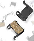 Resin Bicycle Disc Brake Pads Set 4 Pairs For Smooth Quiet Braking Easy Replacement Low Initial Bite Reduced Noise On Road Rides Compatible With Shimano Deore XT XTR LX SLX Alfine Saint, showing two detailed pads and accessories on white background.