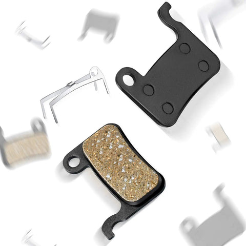 Resin Bicycle Disc Brake Pads Set 4 Pairs For Smooth Quiet Braking Easy Replacement Low Initial Bite Reduced Noise On Road Rides Compatible With Shimano Deore XT XTR LX SLX Alfine Saint, showing two detailed pads and accessories on white background.