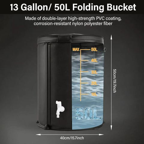 Auto Drip Irrigation System Kit With 13 Gallon Foldable Bucket and 25W Water Pump showing 50L nylon-PVC bucket dimensions