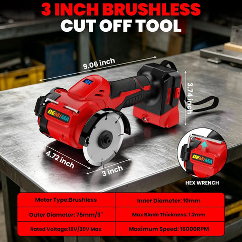 Heavy Duty Cordless Cut Off Tool Compatible With Milwaukee 18V Battery, 3 Inch Brushless Mini Cut Off Saw 18000 RPM With Variable Speed, Includes 4 Cutting Wheels For Metal Wood Plastic Tool Only. 3-inch brushless cut off tool with hex wrench on metal workbench