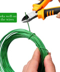 Five Roll Aluminum Bonsai Wiring Kit With Cutter, close-up of green wire being snipped, 1mm wire size shown, easy grip handle