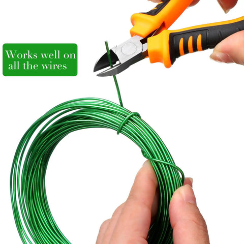 Five Roll Aluminum Bonsai Wiring Kit With Cutter, close-up of green wire being snipped, 1mm wire size shown, easy grip handle