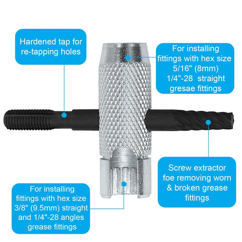 Heavy Duty Grease Zerk Fitting Tool Kit 2pc Set With 80 Replacement Fittings For SAE And Metric, showing re-tapping tool.