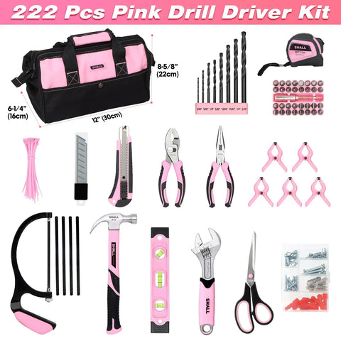 Pink 222 Piece Drill Driver And Home Tool Set For Women DIY Projects 12V Electric Drill Kit With 12 Inch Wide Mouth Bag