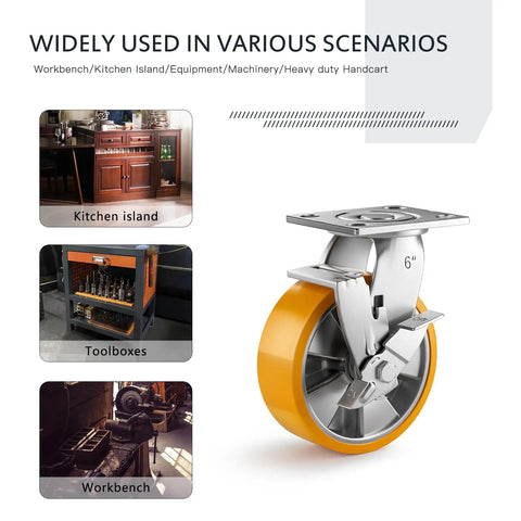 Built Tough Six Inch Heavy Duty Caster Wheels Set Of Four With Secure Lock Plates, showing orange caster for workbench and kitchen island.