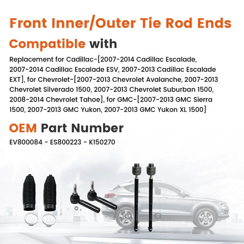 6 Piece Front Tie Rods Kit With Inner And Outer Tie Rod Ends And Boots Replacement For Cadillac Escalade ESV EXT Tahoe Suburban Silverado Sierra Yukon XL 1500 Chevy GMC Direct Fit Upgrade, front view