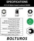 12-24 Nylon Insert Lock Nuts Made From 304 Stainless Steel 18-8 Nylock Hex Nuts Pack Of 25 specifications diagram