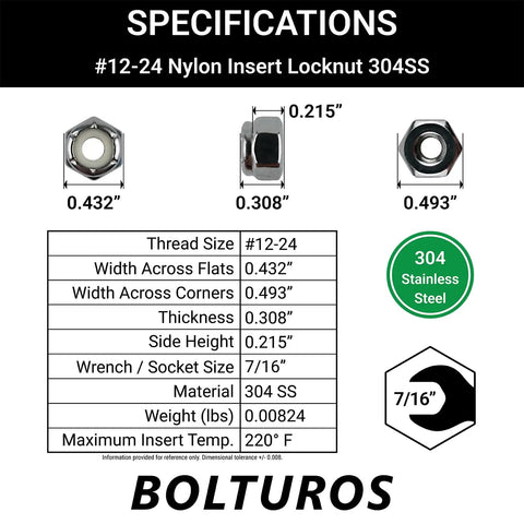12-24 Nylon Insert Lock Nuts Made From 304 Stainless Steel 18-8 Nylock Hex Nuts Pack Of 25 specifications diagram