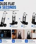 Heavy Duty Folding Hand Truck Dolly With 8 Inch Puncture Resistant Tires 650 To 800 Lb Capacity fold steps and storage