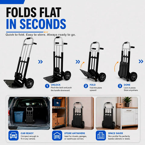 Heavy Duty Folding Hand Truck Dolly With 8 Inch Puncture Resistant Tires 650 To 800 Lb Capacity fold steps and storage