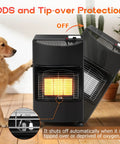 Side view of 18,000 BTU Foldable Propane Patio Heater With LP Regulator showing tip-over protection and ODS safety features indoors.