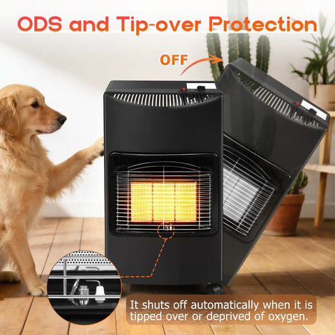 Side view of 18,000 BTU Foldable Propane Patio Heater With LP Regulator showing tip-over protection and ODS safety features indoors.