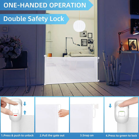 Retractable Baby Gate For Extra Wide Openings, 34 Inch Tall, Extends Up To 71 Inches, indoor use with one-handed operation