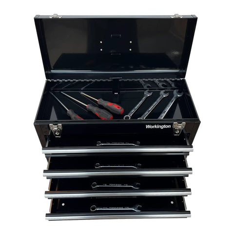 Open view of the Workhorse Portable Metal Tool Chest with Four Drawers, 20 Inch Steel Tool Storage Box, showing open drawers and tools.