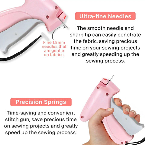 Close-up of pink Micro Stitch Gun For Quick Clothing Fixes Handheld Sewing Tool with 10 Needles and precision spring feature.