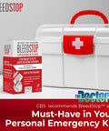 BleedStop first aid powder box, 4-pack (15g), alongside white plastic first aid kit with red handle