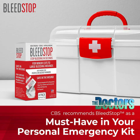 BleedStop first aid powder box, 4-pack (15g), alongside white plastic first aid kit with red handle