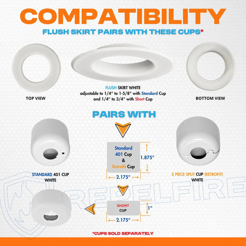Top Quality White Fire Sprinkler Escutcheon Skirt With A Polished Flush Design And Seamless Wall Gap Cover showing compatibility details.