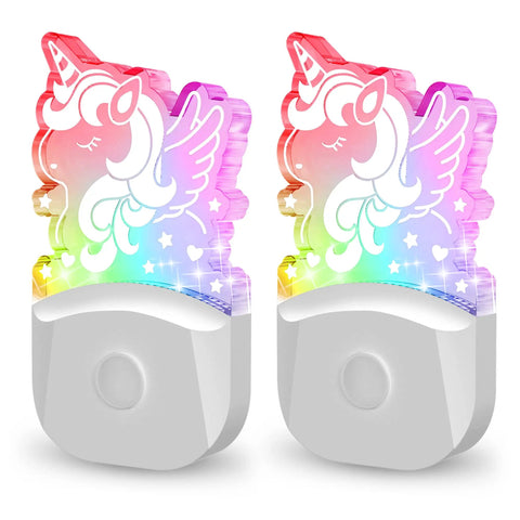 2 Pack Kids Night Light With Dusk To Dawn Sensor, 8 Color Changing LED Night Lights For Girls Bedroom, Unicorn Design