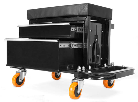400-Pound Capacity Garage Glider Rolling Tool Chest Seat with storage pouch, cushioned pad, two padded drawers, and magnetic foldable trays.