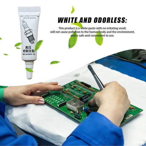 Dielectric Lubricant For Electronics And Automotive Weatherproof Silicone Grease High Temperature Insulating Compound shown near circuit board application