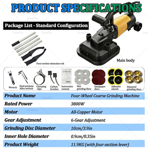 Polisseuse de sol à usage intensif et ponceuse à 4 têtes avec mode sec/humide, présentée avec ses accessoires et la liste des caractéristiques techniques.
