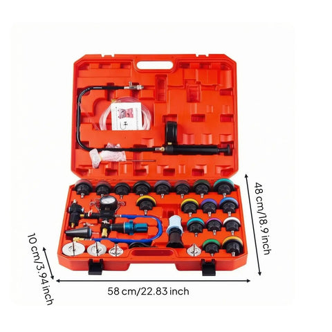 Complete Etyldya Cooling System Tester Set With Radiator Pressure Test Kit Gauge And Coolant Filling Pump Adapter. Essential 34-Piece Auto Care Tool For Home Garage Mechanics And Professional Service Stations. Durable Nylon Design Ensures Long-Lasting