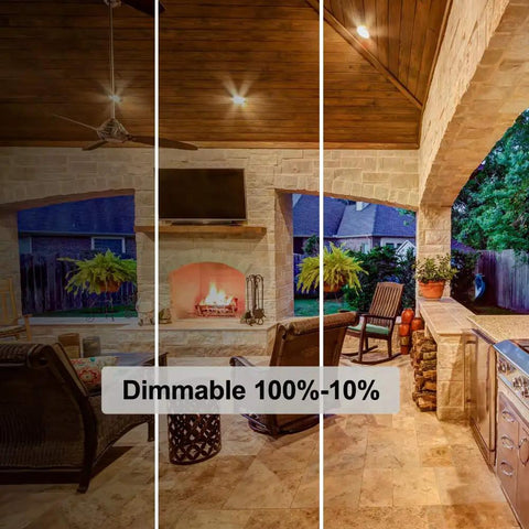 Three-stage dimming effect of PAR20 Halogen Light Bulbs 39W Dimmable 3000K Warm White Flood Lamps in a cozy patio setting.