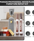 Boss Level Vinyl Floor Repair Kit with Heat Pen and 11 Colors to Touch Up Scratches Stains and Cracks on Laminate Wood Linoleum Floors Doors and Cabinets Quick Dry Wax for a Nailed It Finish displayed with markers and wax blocks.