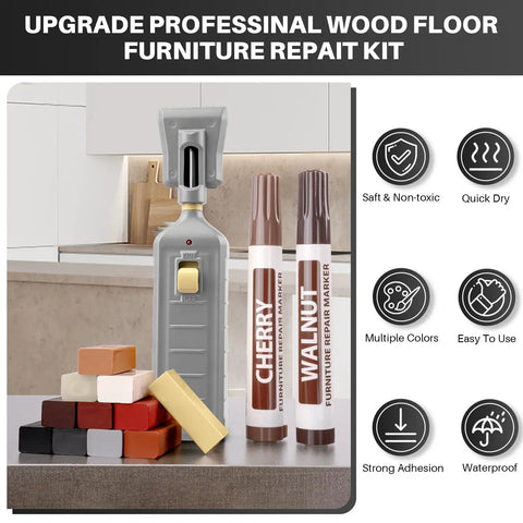 Boss Level Vinyl Floor Repair Kit with Heat Pen and 11 Colors to Touch Up Scratches Stains and Cracks on Laminate Wood Linoleum Floors Doors and Cabinets Quick Dry Wax for a Nailed It Finish displayed with markers and wax blocks.