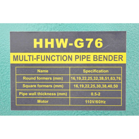 Dinenovate Electric Hydraulic Tube Bender With 17 Dies For Cold Bending Round And Square Pipes specifications chart image.