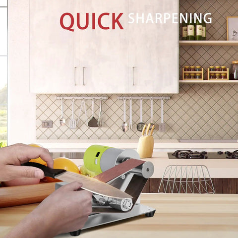 Smooth Operator Mini Belt Sander With 7 Adjustable Speeds And 15 Degree Angle Guide for quick knife sharpening in kitchen.