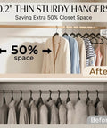 Plastic Hangers 50 Pack Heavy Duty Non Velvet Slim Hangers With 360 Degree Swivel Hook in closet showing space saving