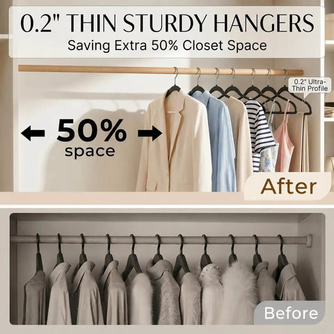 Plastic Hangers 50 Pack Heavy Duty Non Velvet Slim Hangers With 360 Degree Swivel Hook in closet showing space saving